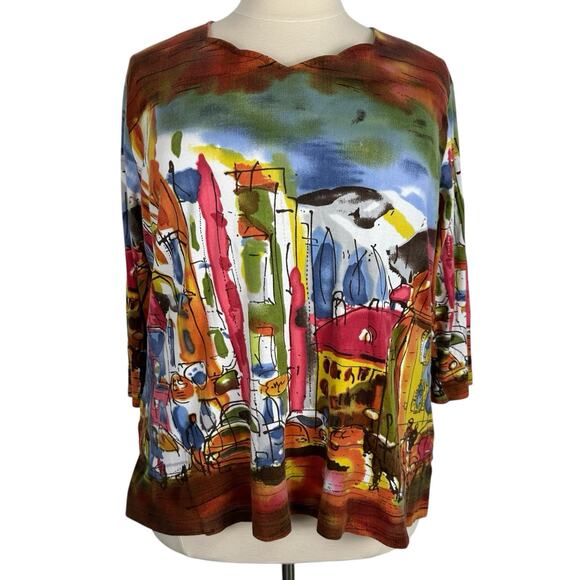 Michael Leu Top Women 2X Watercolor Colorful Cityscape Statement Artsy Vacation - Picture 1 of 13